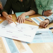 Hands of young teacher with pencil pointing at document with grammar rules